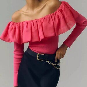 By 🌸ANTHROPOLOGIE🌸 Off-The-Shoulder Feminine Organza Ruffle Top NWT Pink🌸🌸🌸
